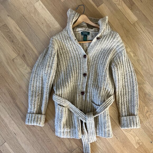 Vintage Ralph Lauren Hand Knit Hoodie Sweater Jacket Womens XL - Picture 1 of 4